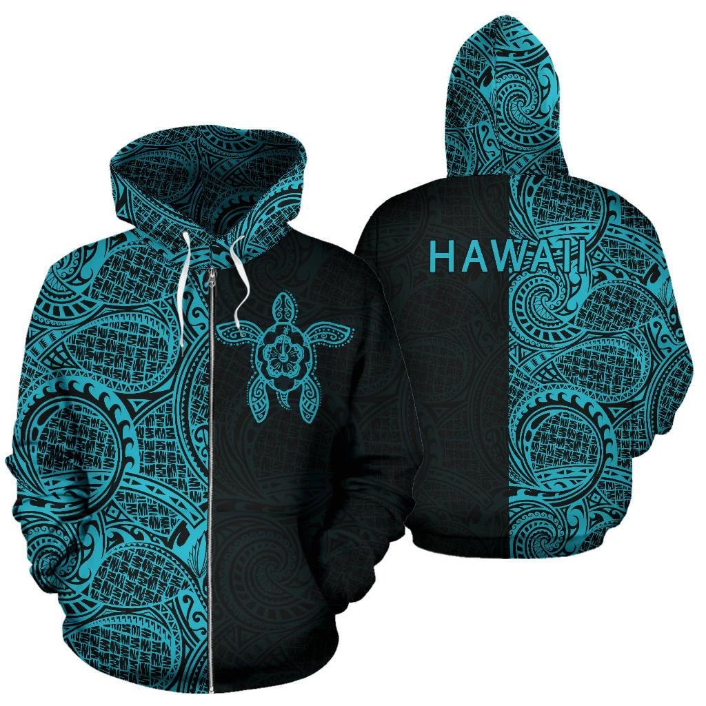 Turtle Hoodie Zip up Polynesian Half Style 03 Unisex Blue - Polynesian Pride