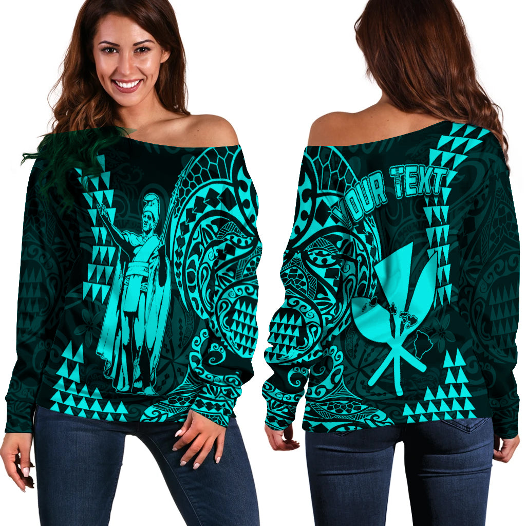 (Custom Personalised) Hawaii Day Kakau Off Shoulder Sweater Proud To Be Hawaiian Turquoise King Kamehameha and Kanaka Maoli LT13 Women Turquoise - Polynesian Pride