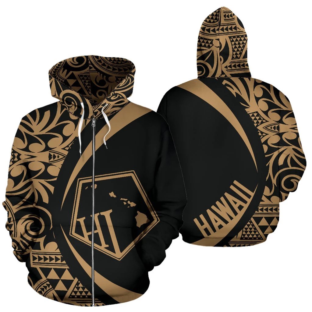 Hawaii Polynesian Zip up Hoodie Tribal Golden Color 2.0 Circle Style Unisex Gold - Polynesian Pride