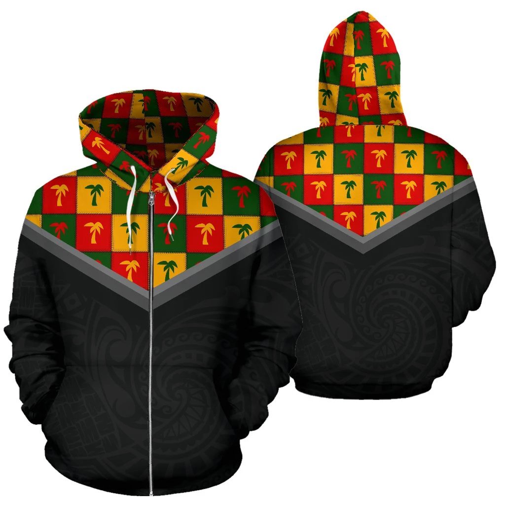 Hawaii Vintage Pattern Zip up Hoodie Coconut Tree Caro Unisex Black - Polynesian Pride