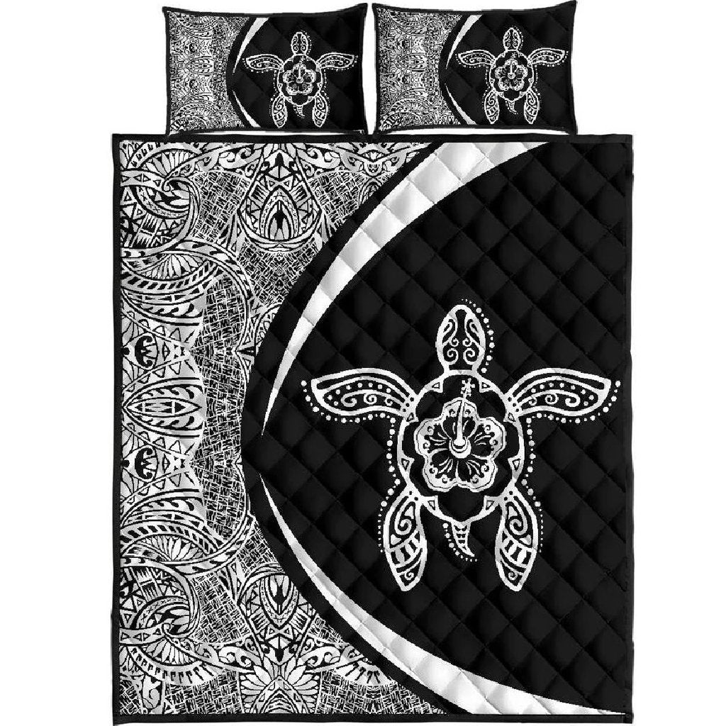 Hawaiian Polynesian Turtle Quilt Bed Set - Circle Style White Black - Polynesian Pride