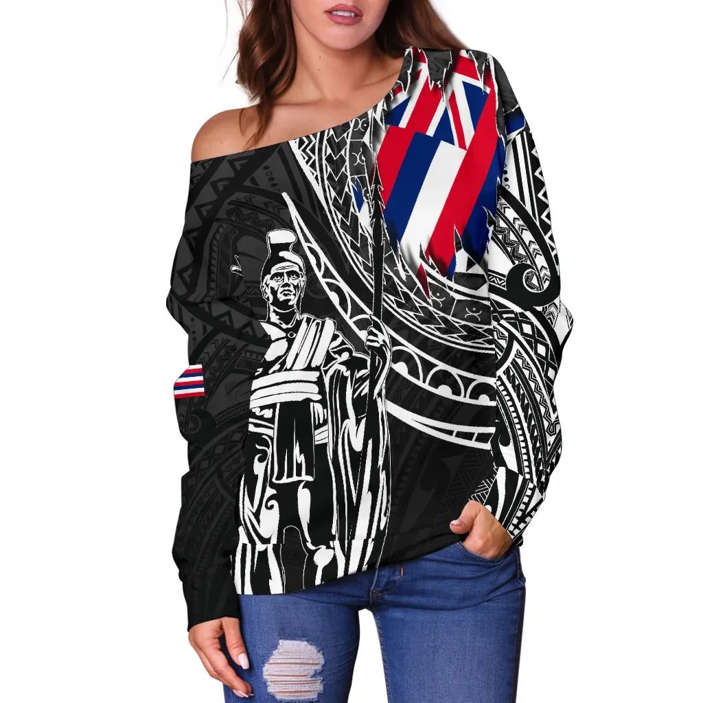 Polynesian Pride Sweater - Hawaii King Flag Polynesian Women's Off Shoulder Sweater - Tity Style - Polynesian Pride