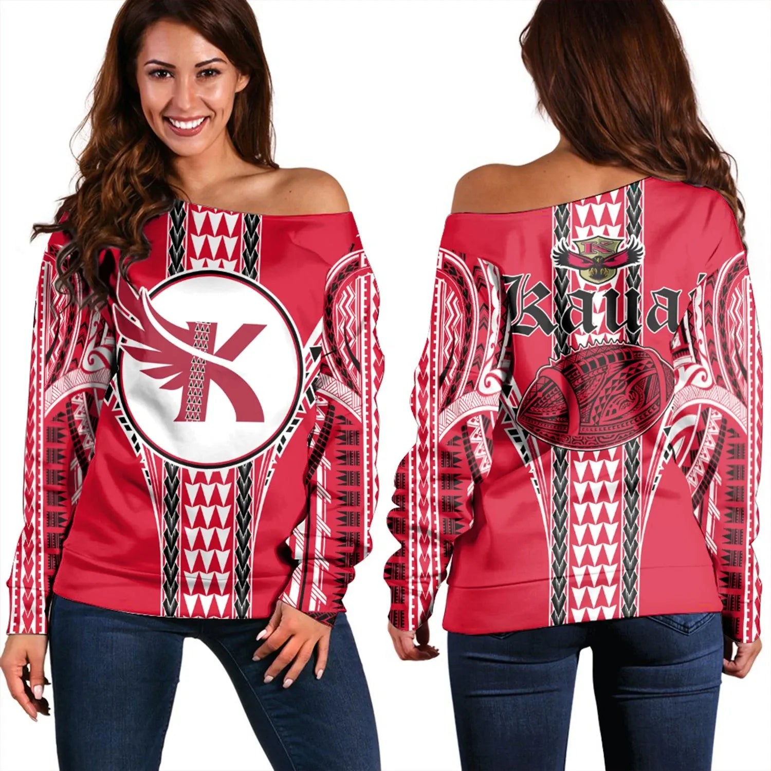 Polynesian Pride Sweater - Kauai High Football Jersey Women's Off Shoulder Sweater - Polynesian Pride