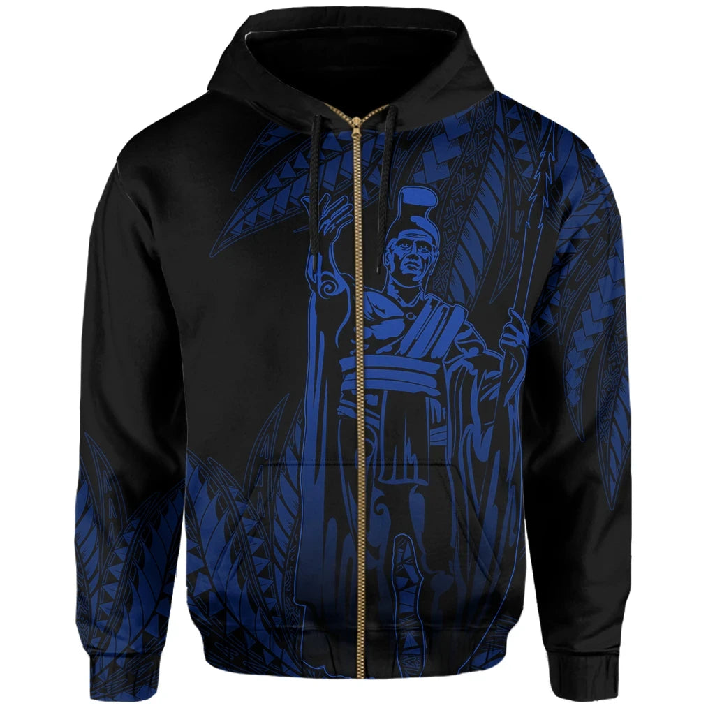 Polynesian Pride Hoodie Hawaii King Polynesian Hoodie Zip up Durk Style Blue - Polynesian Pride