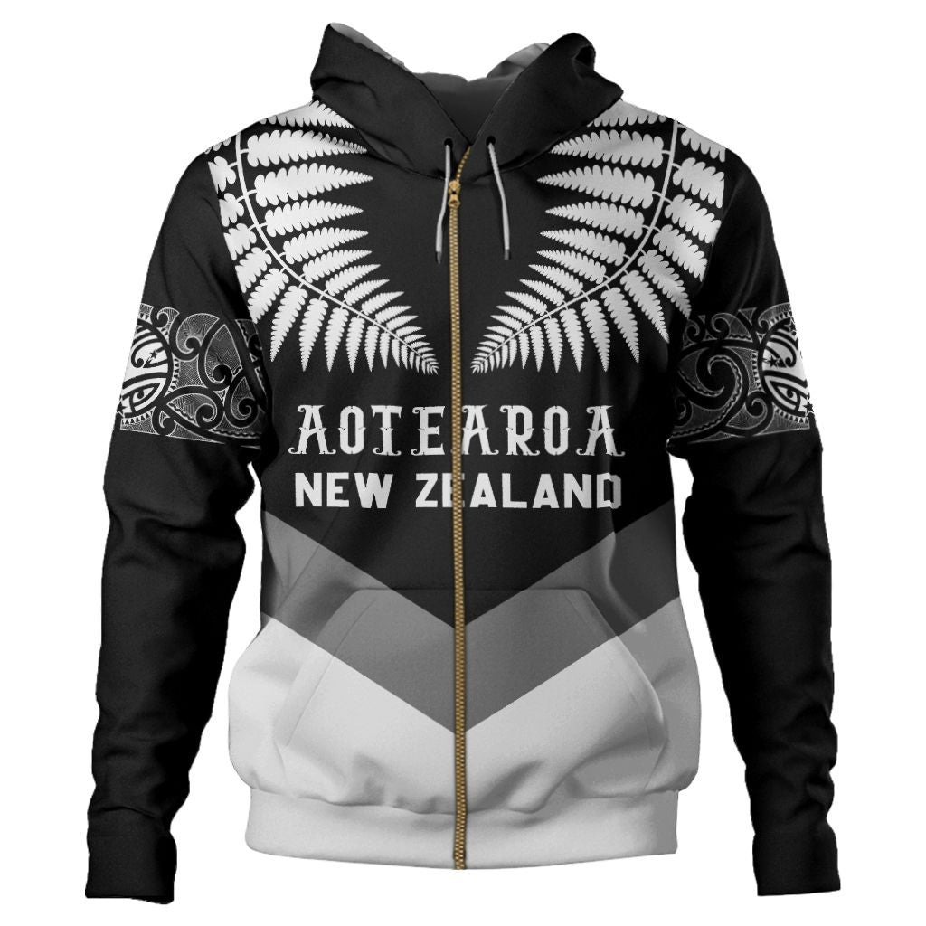 Polynesian Pride Hoodie Custom New Zealand Hoodie Double Silver Fern Zip Hoodie Unisex Black - Polynesian Pride