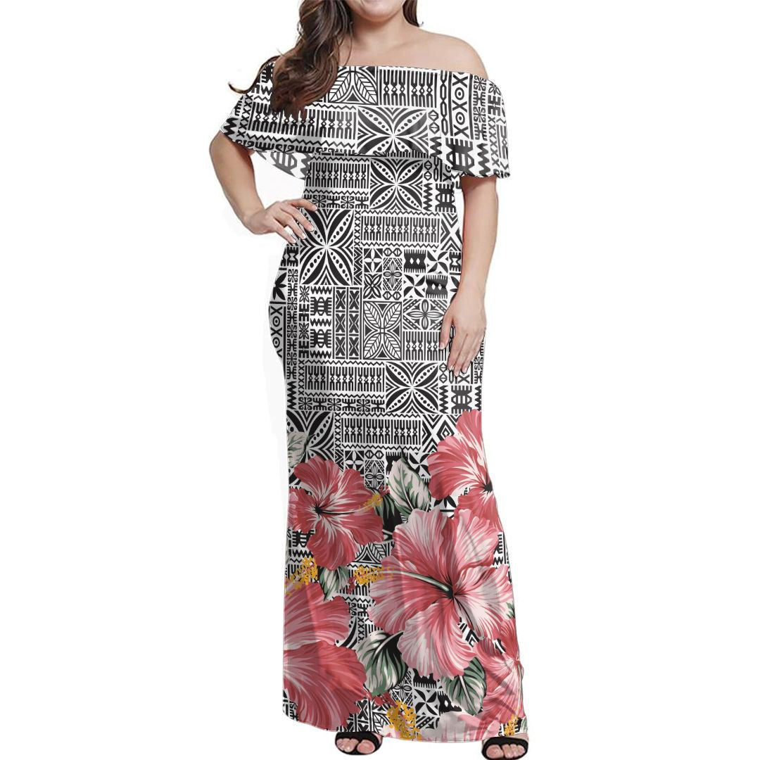 NE Fiji Bula Dress - Pink Hibiscus Off Shoulder Long Dress Long Dress White - Polynesian Pride