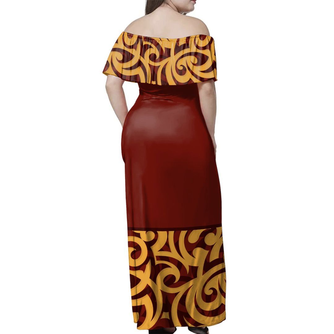 NE Maori Dress - Maori Heat Off Shoulder Long Dress - Polynesian Pride