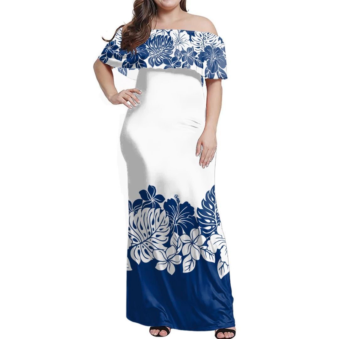 Polynesian Pride Dress - Tropical Blue Line Off Shoulder Long Dress Long Dress White - Polynesian Pride