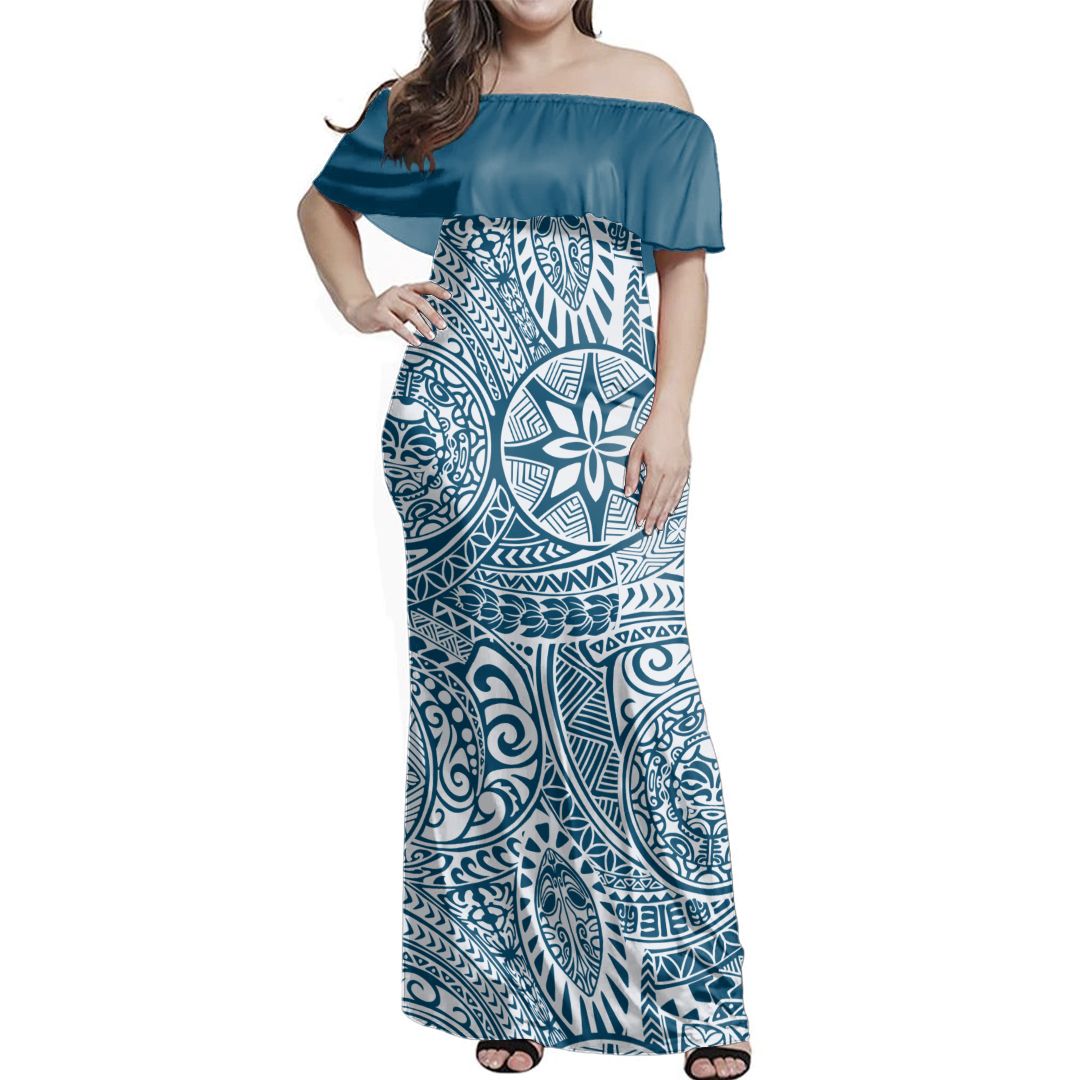 Polynesian Pride Dress - Polynesian Face Tribal Blue Off Shoulder Long Dress Long Dress Blue - Polynesian Pride