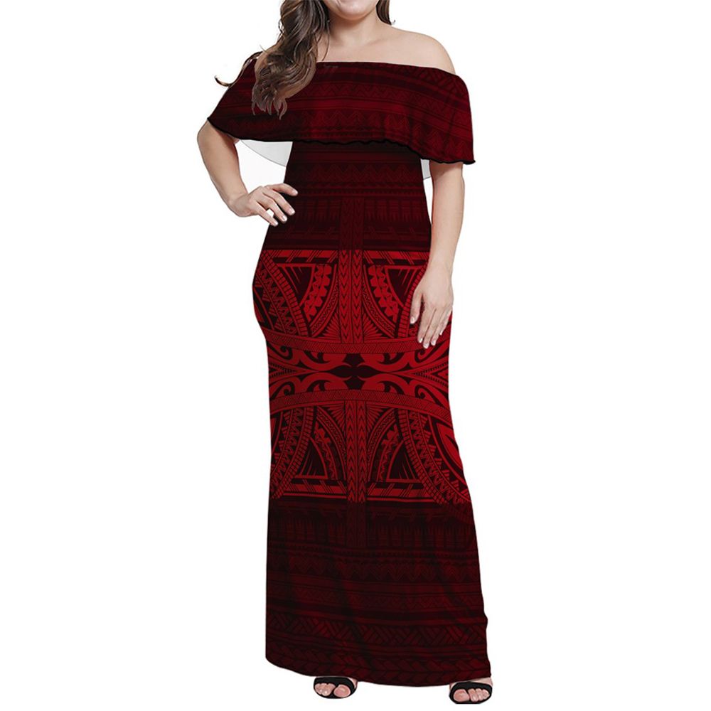 Polynesian Pride Dress - Tribal Mix Polynesian Culture Red Off Shoulder Long Dress Long Dress Red - Polynesian Pride