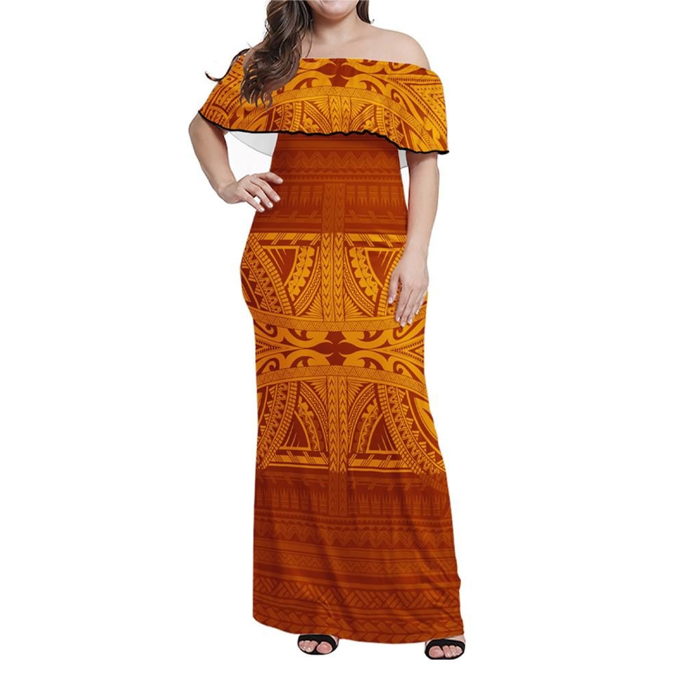 Polynesian Pride Dress - Tribal Mix Polynesian Culture Orange Off Shoulder Long Dress Long Dress Orange - Polynesian Pride