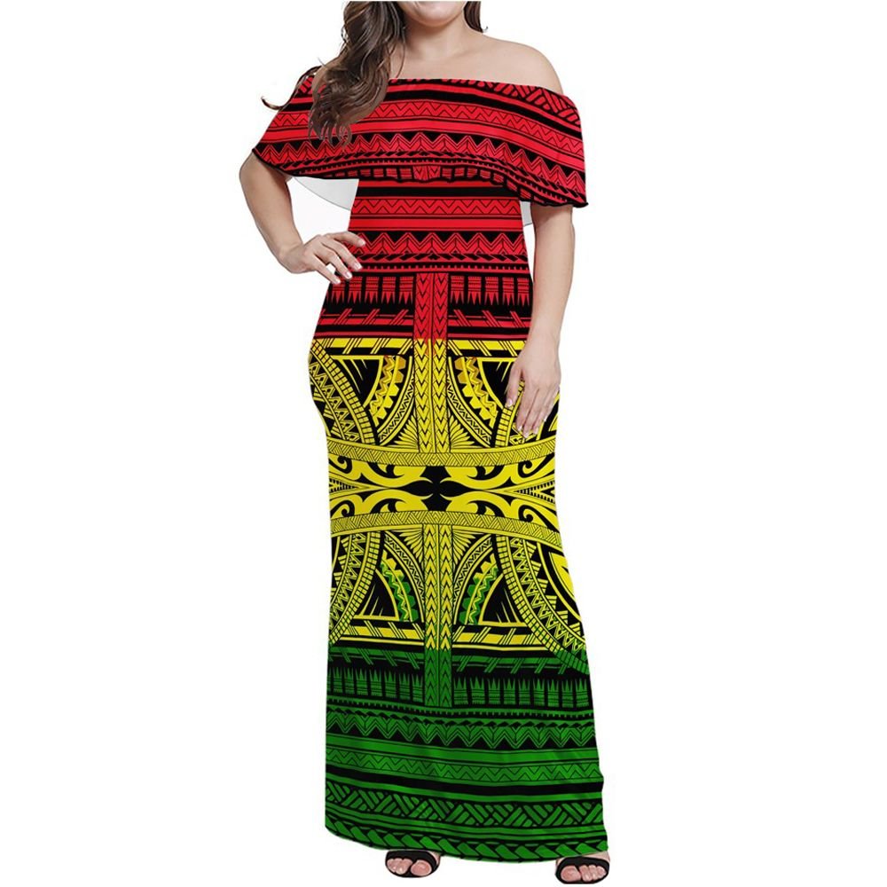 Polynesian Pride Dress - Tribal Mix Polynesian Culture Reggae Off Shoulder Long Dress Long Dress Reggae - Polynesian Pride