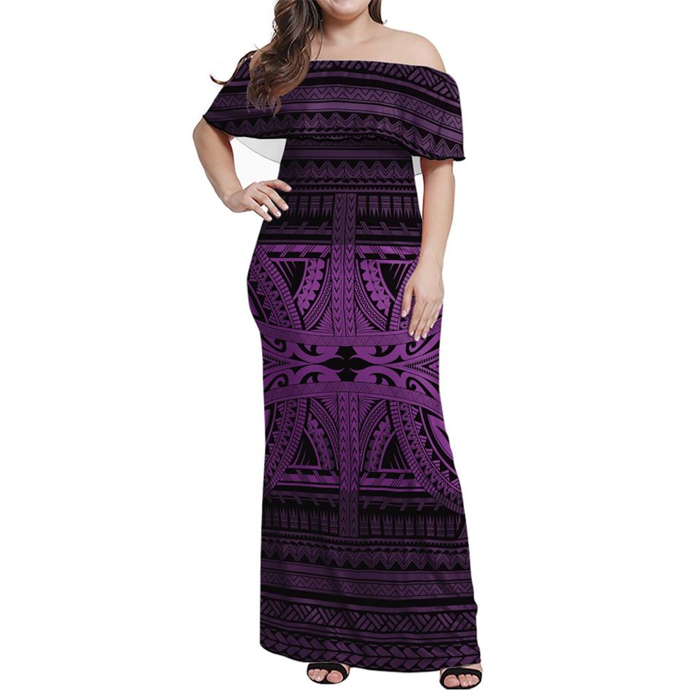 Polynesian Pride Dress - Tribal Mix Polynesian Culture Purple Off Shoulder Long Dress Long Dress Purple - Polynesian Pride