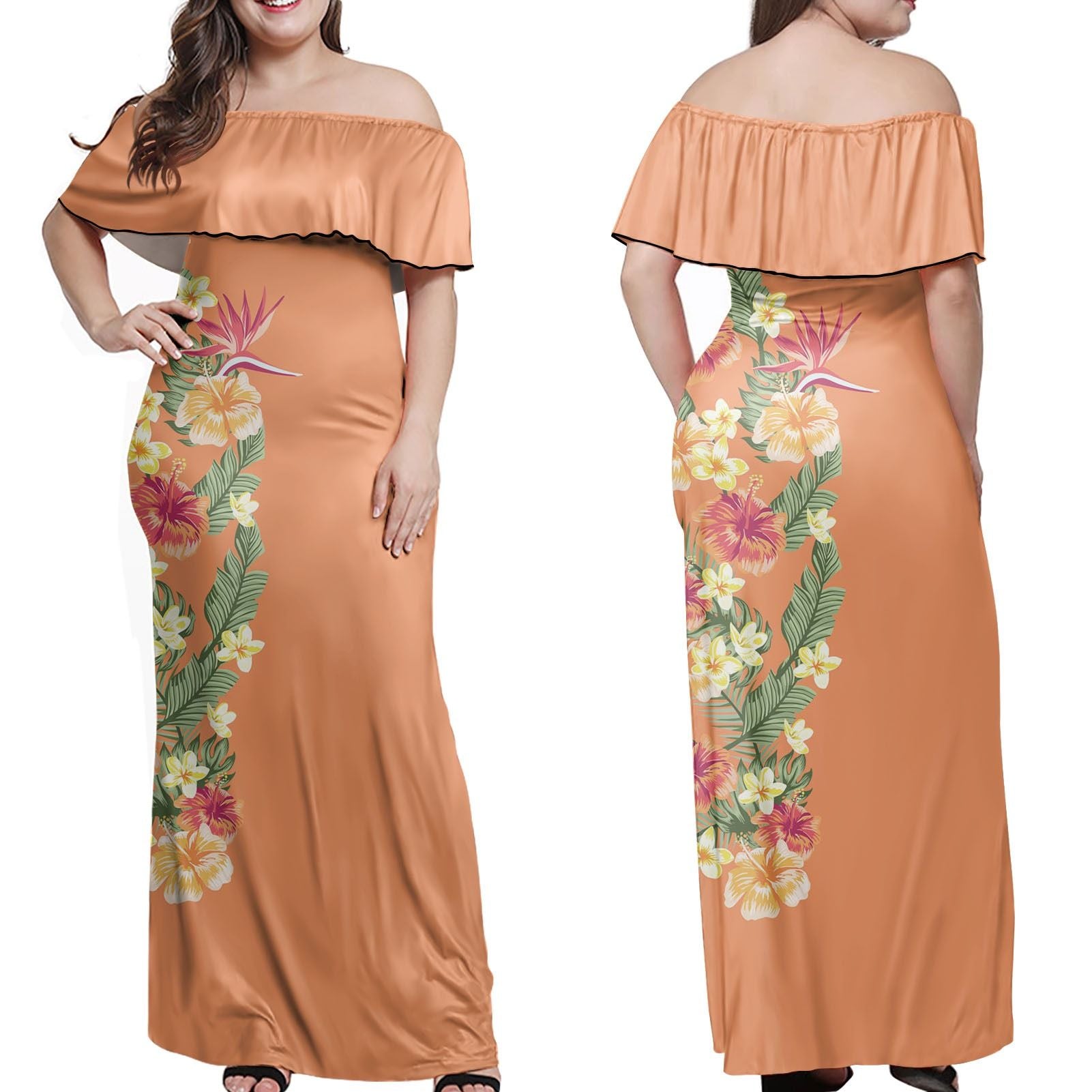 Polynesian Pride Dress - Plumeria Hibiscus Flowers Orange Off Shoulder Long Dress Long Dress Orange - Polynesian Pride