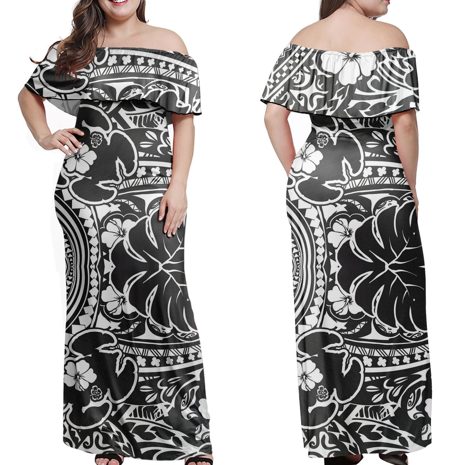 Polynesian Pride Dress - Hibiscus Turtle Pattern White Off Shoulder Long Dress Long Dress White - Polynesian Pride