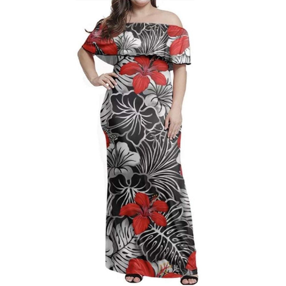 Polynesian Pride Dress - Hibiscus Garden Off Shoulder Long Dress Long Dress Black - Polynesian Pride