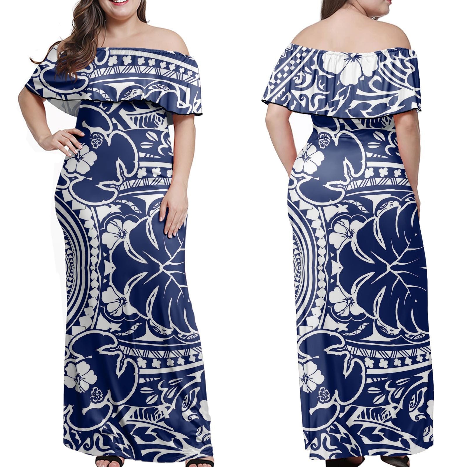 Polynesian Pride Dress - Hibiscus Turtle Pattern Blue Off Shoulder Long Dress Long Dress Blue - Polynesian Pride