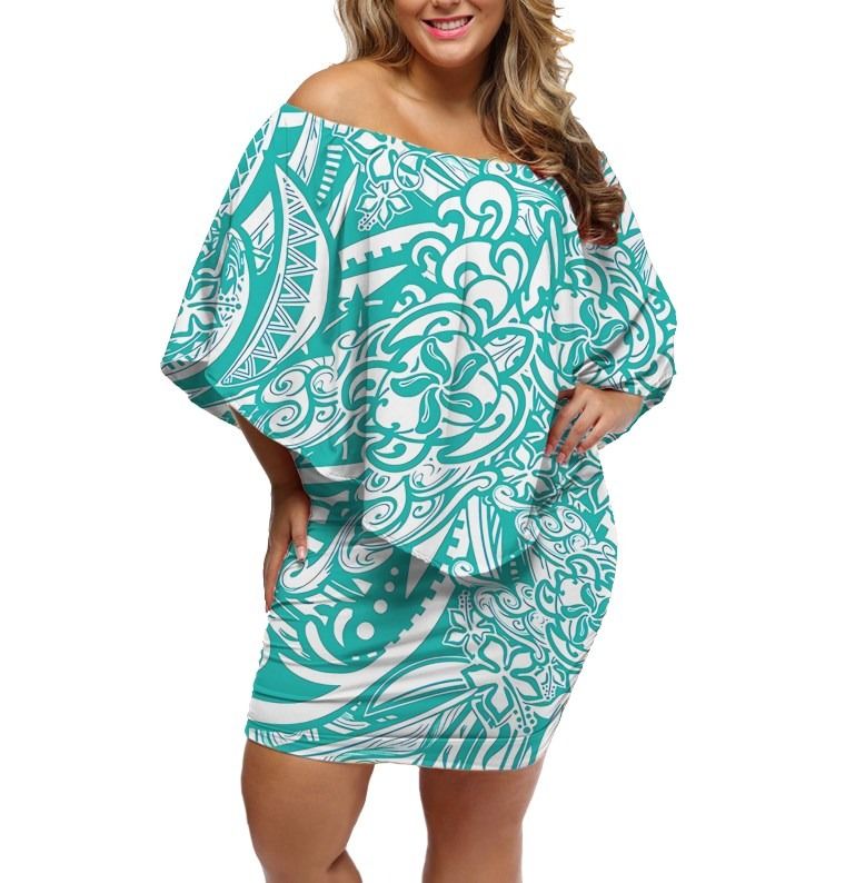 Polynesian Pride Dress - Turtle Moana Flowers Turquoise Off Shoulder Short Dress Women Turquoise - Polynesian Pride