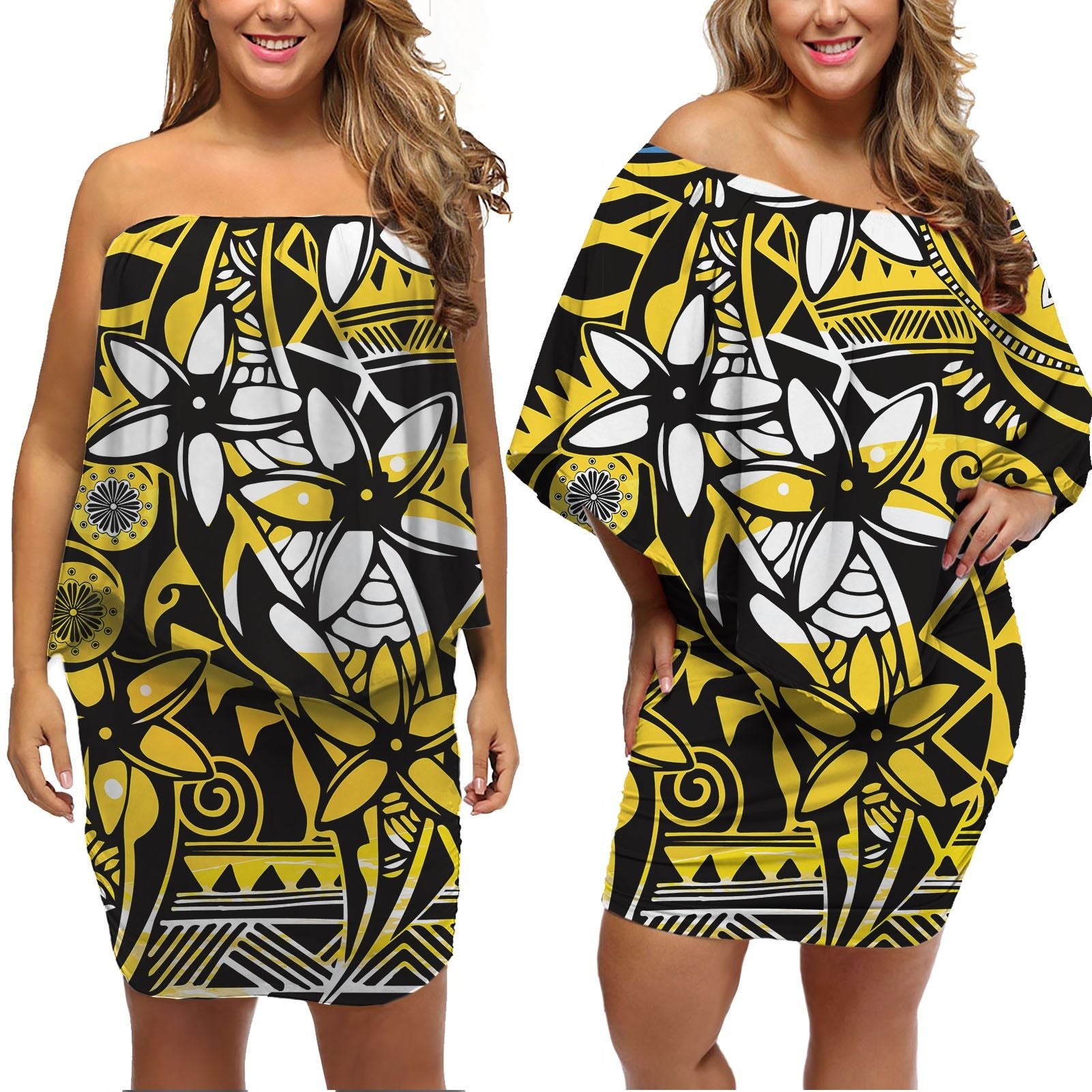 Polynesian Pride Dress - Plumeria Curve Polynesian Yellow White Off Shoulder Short Dress Women Yellow - Polynesian Pride