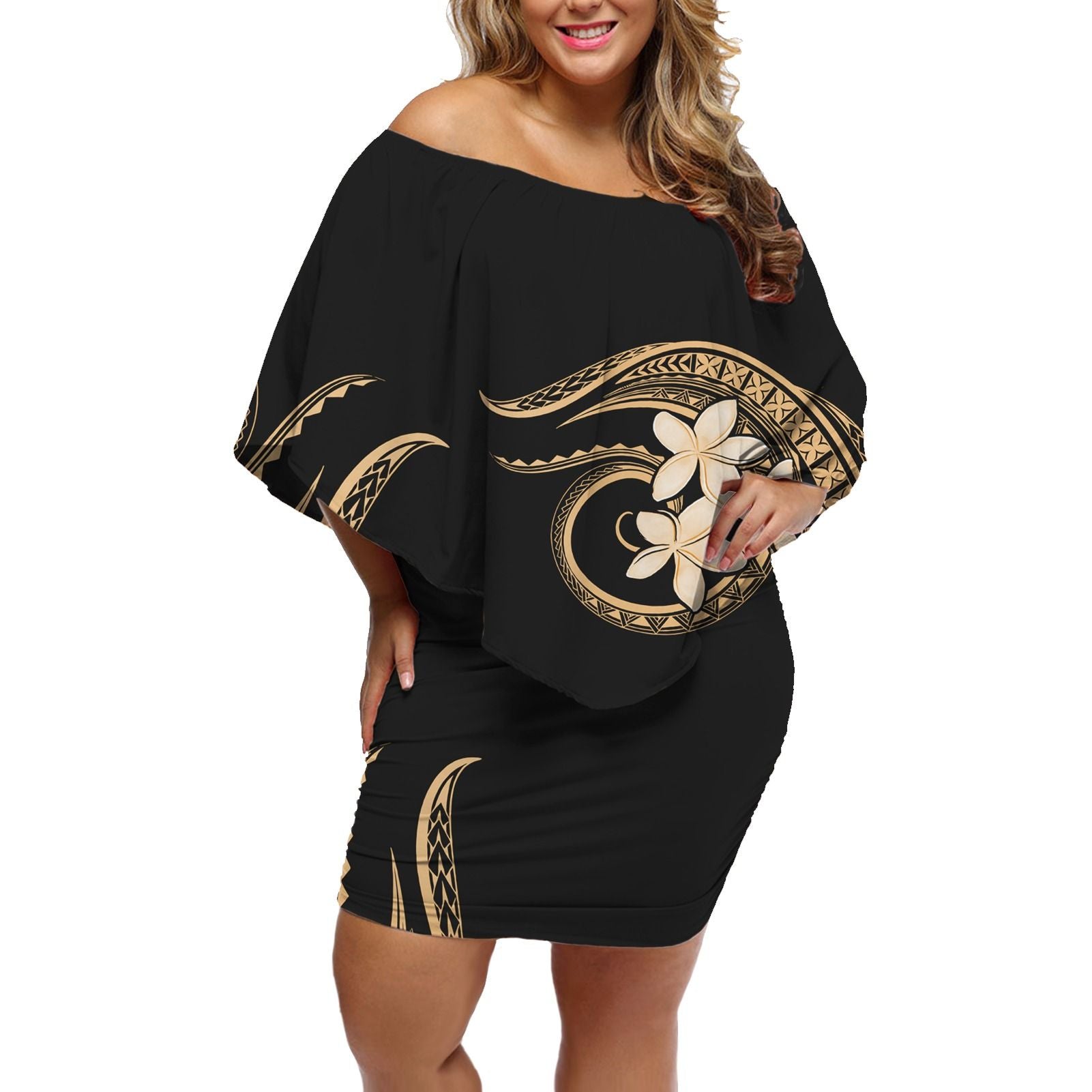 Polynesian Pride Dress - Plumeria Polynesian Black Off Shoulder Short Dress Women Black - Polynesian Pride