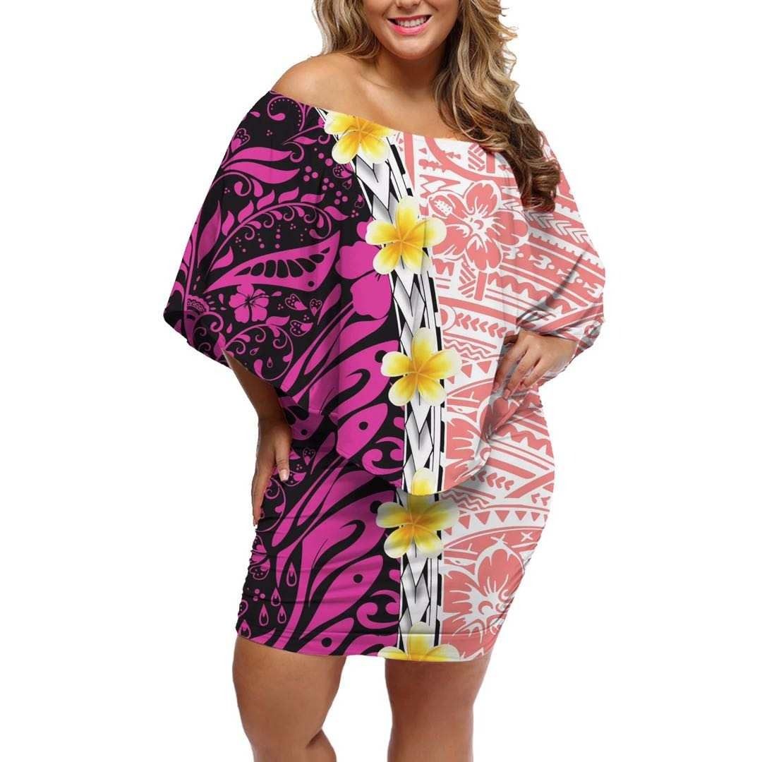 Polynesian Pride Dress - Spearhead Plumeria Polynesia Pink Off Shoulder Short Dress Women Pink - Polynesian Pride