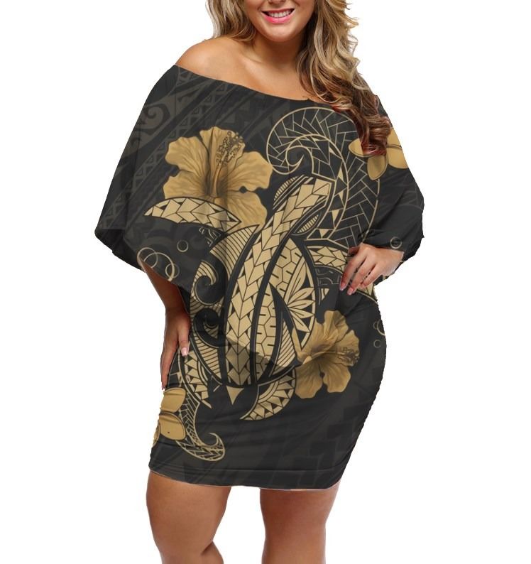 Polynesian Pride Dress - Turtle Polynesian Hibiscus Golden Off Shoulder Short Dress Women Gold - Polynesian Pride