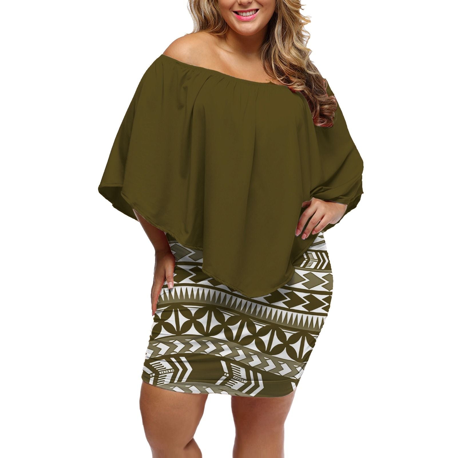 Polynesian Pride Dress - Polynesian Masi Tapa Kesakesa Brown Off Shoulder Short Dress Women Brown - Polynesian Pride