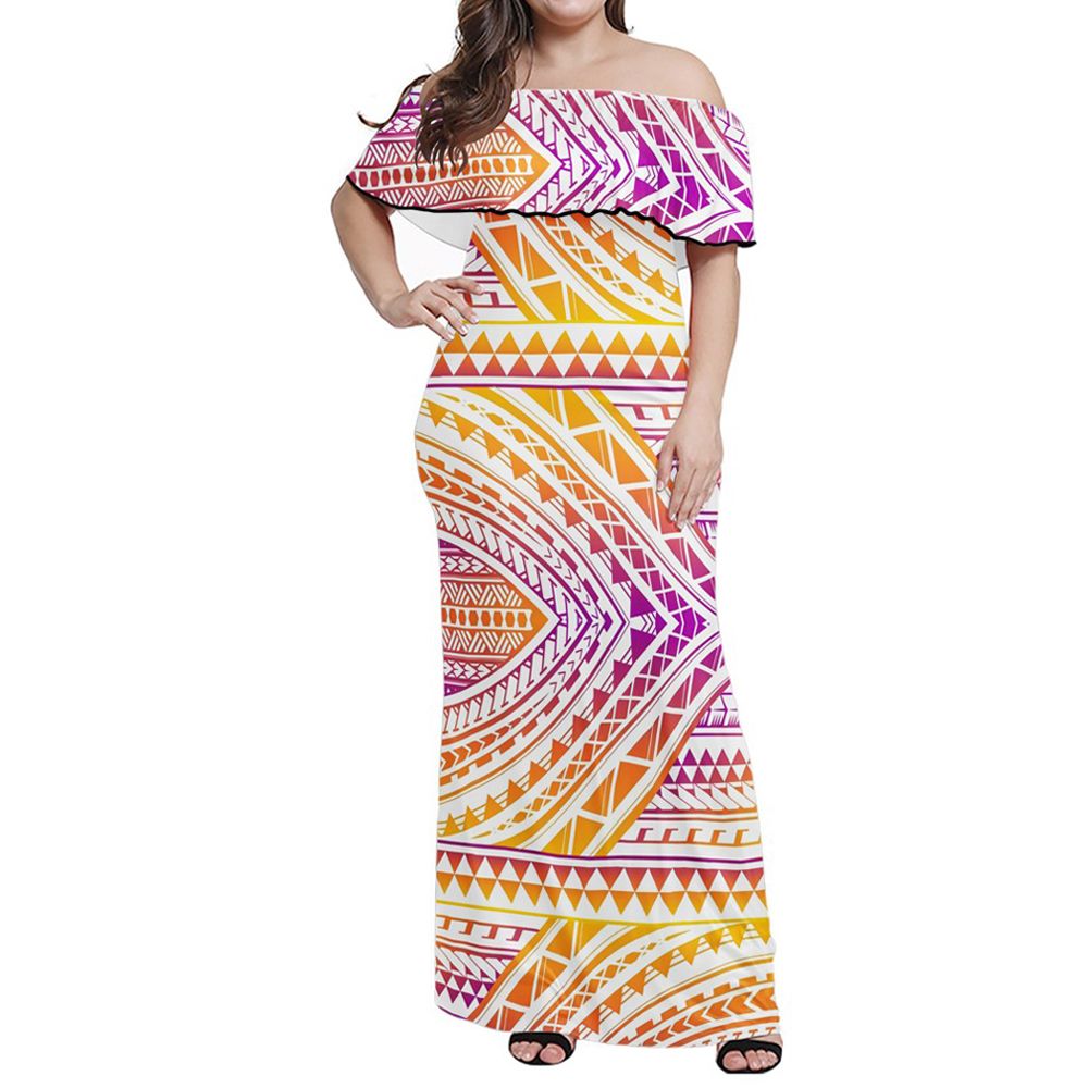 Polynesian Pride Dress - Tribal Polynesian Colorful Off Shoulder Long Dress Long Dress White - Polynesian Pride