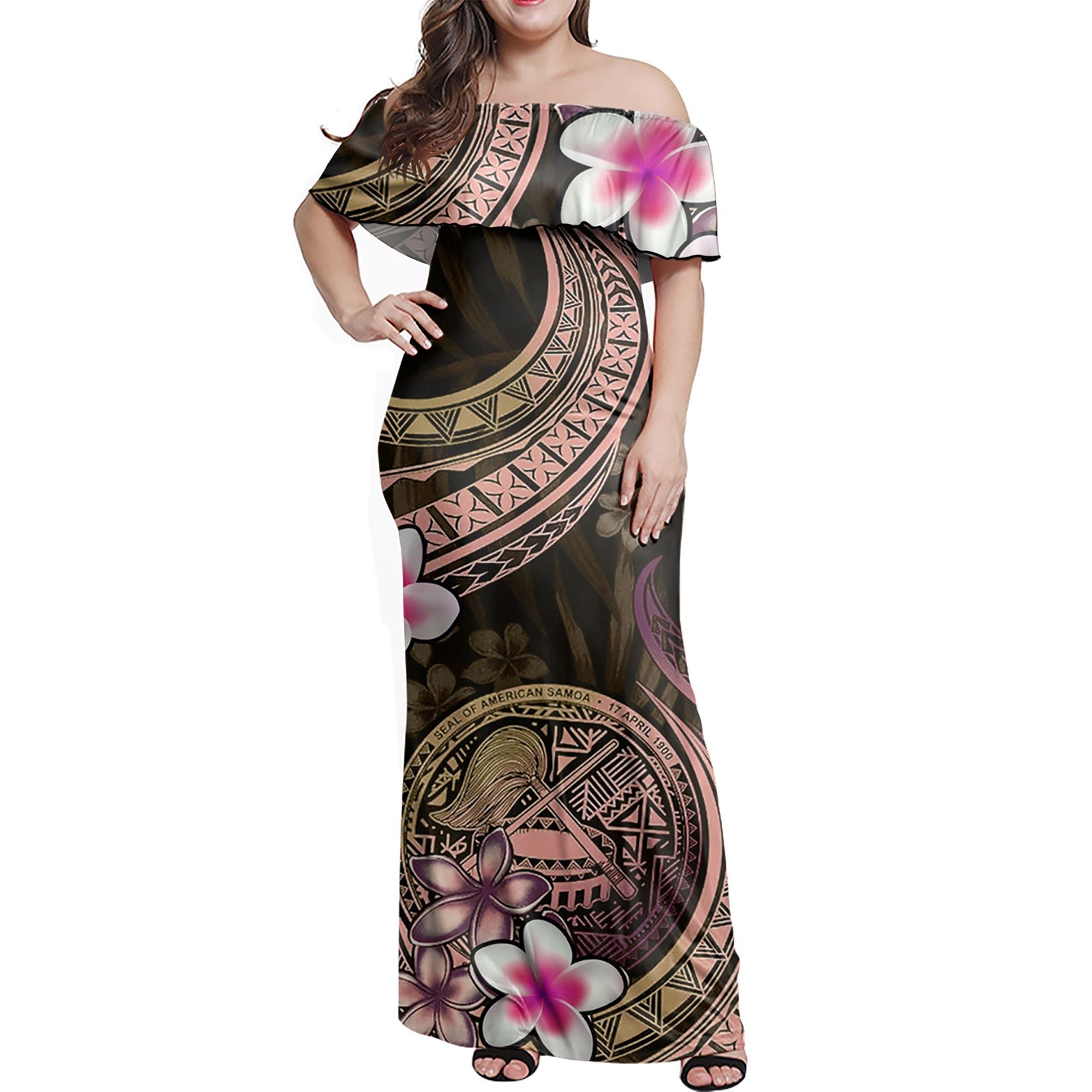 Polynesian Pride Dress - American Samoa Siapo Coat Of Arms Yellow Pink Off Shoulder Long Dress Long Dress Yellow - Polynesian Pride