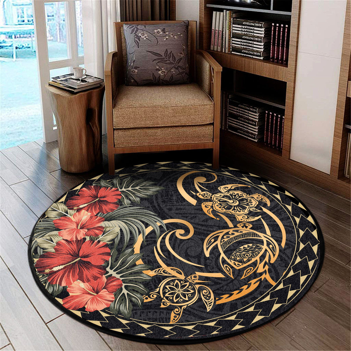 Polynesian Pride Home Set - Polynesian Hibiscus Turtle Round Carpet Round Carpet Black - Polynesian Pride