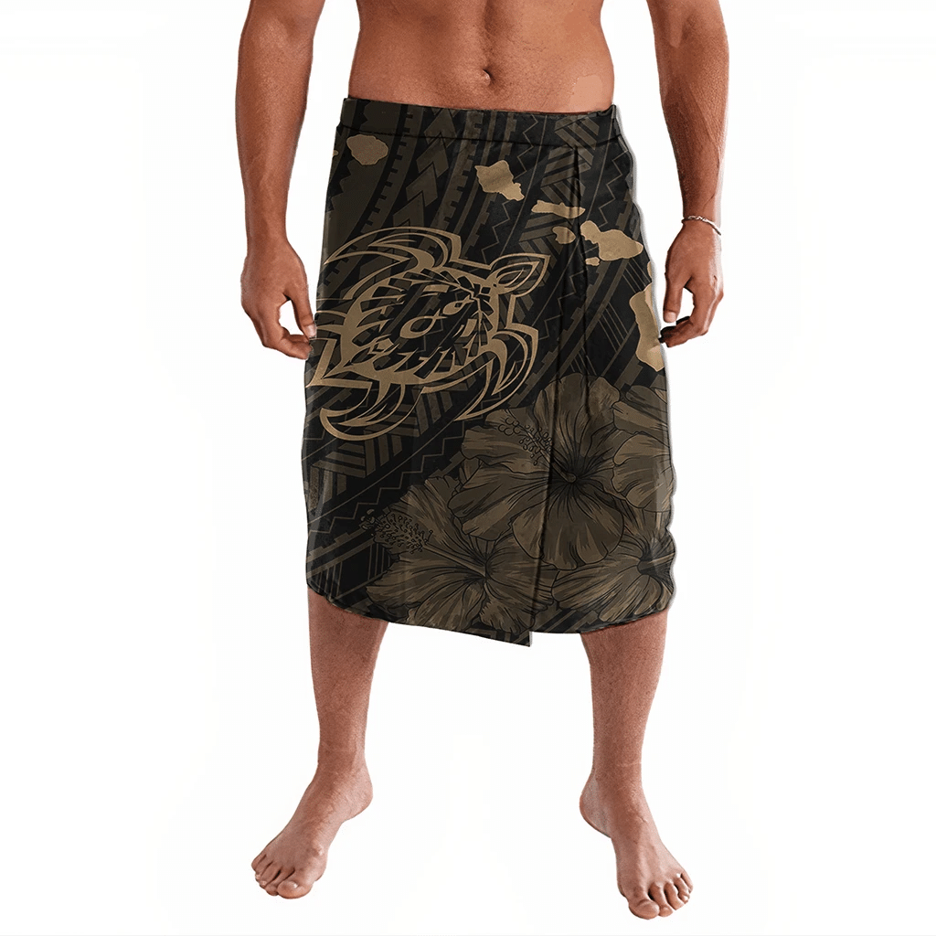 Polynesian Pride Clothing Hawaiian Hibiscus Sea Turtle Swim Polynesian Ie Faitaga Gold Lavalava Black - Polynesian Pride