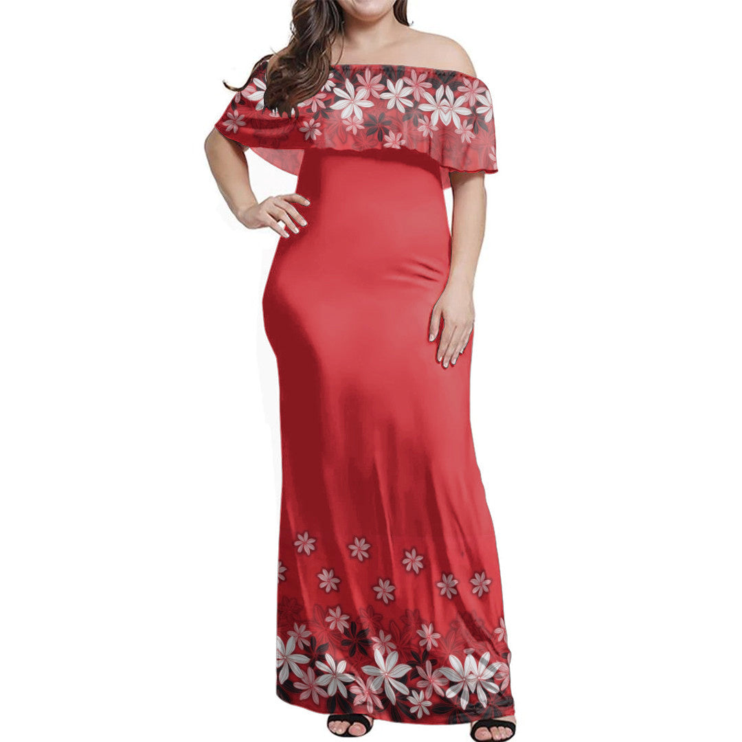 Polynesian Pride Dress - Samoan Red Tropical Flowers Off Shoulder Long Dress Long Dress Red - Polynesian Pride