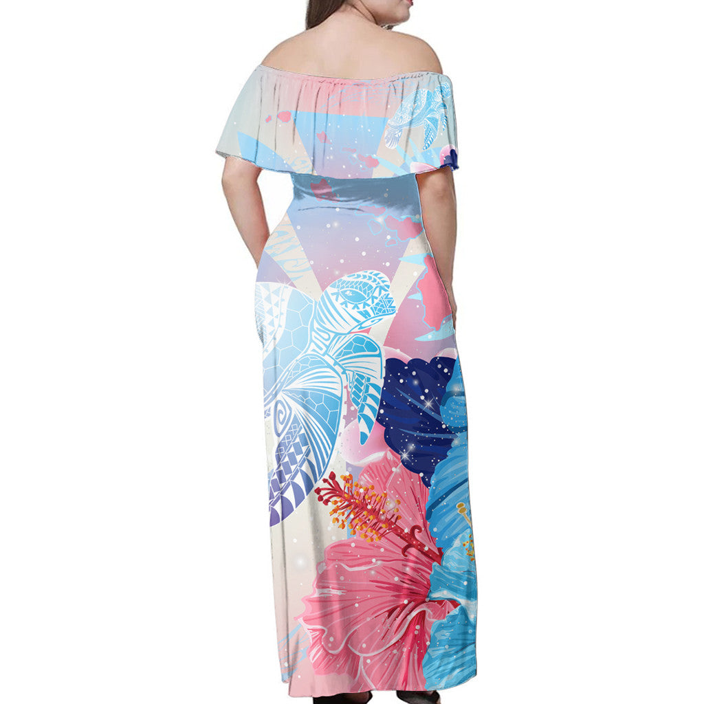 Polynesian Pride Dress - Hawaii Map Kanaka Hibiscus Polynesian Turtle Swimming Sweet Dream Style Off Shoulder Long Dress - Polynesian Pride