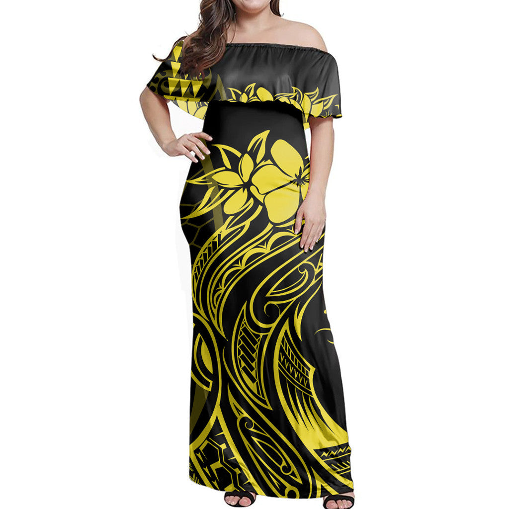 Polynesian Pride Dress - Hawaii Map Kanaka Polynesian Hula Girl Yellow Off Shoulder Long Dress Long Dress Yellow - Polynesian Pride