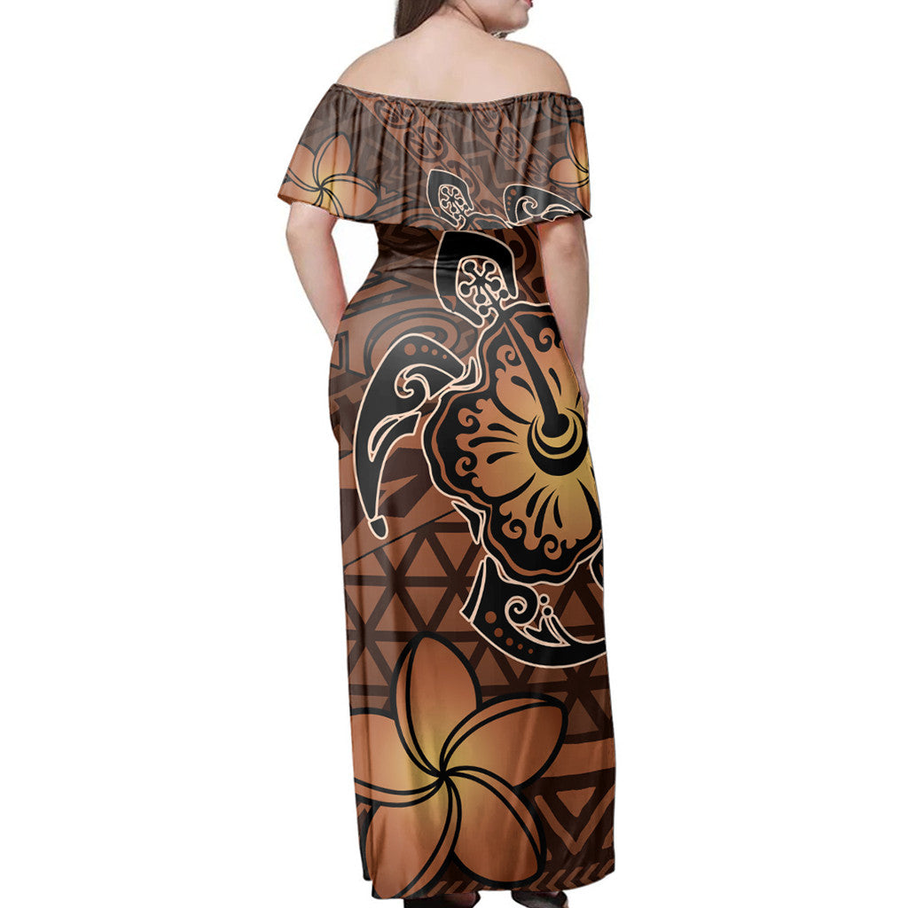 Polynesian Pride Dress - Hawaii Mix Polynesian Turtle Plumeria Nick Style Orange Off Shoulder Long Dress - Polynesian Pride