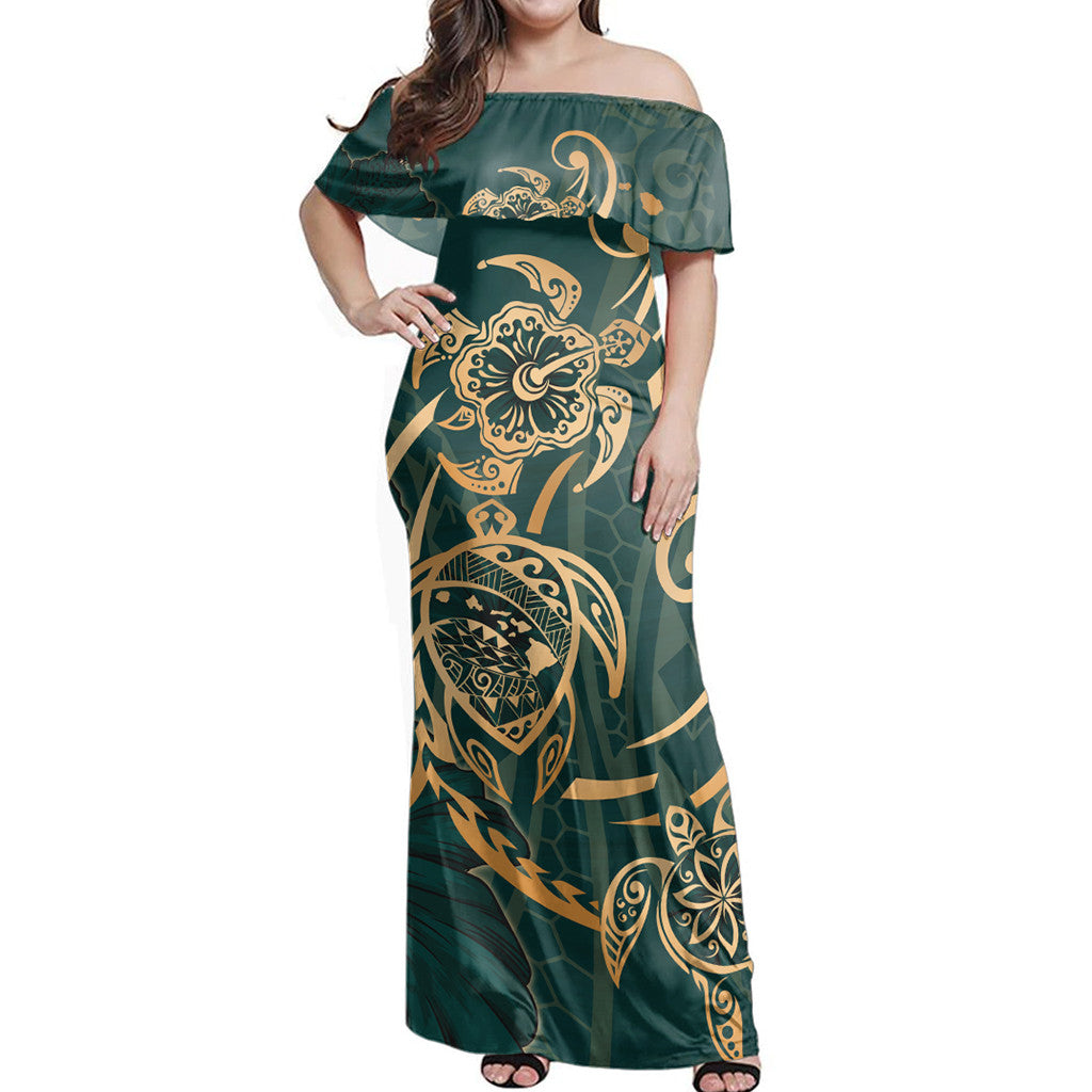 Polynesian Pride Dress - Hawaii Triple Marble Turtle Polynesian Hibiscus Benjamin Style Green Off Shoulder Long Dress Long Dress Green - Polynesian Pride