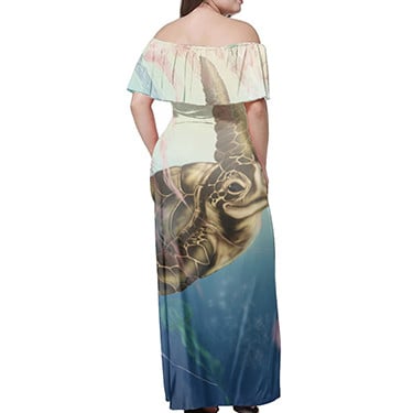 Polynesian Pride Dress - Hawaii Turtle And Jellyfish In Deep Sea Moana Off Shoulder Long Dress - Polynesian Pride