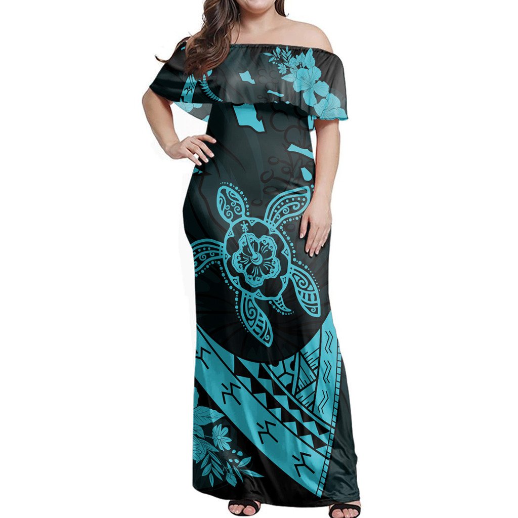 Polynesian Pride Dress - Hawaiian Map Hibiscus Turtle Fish Hook Polynesian Blue Off Shoulder Long Dress Long Dress Blue - Polynesian Pride