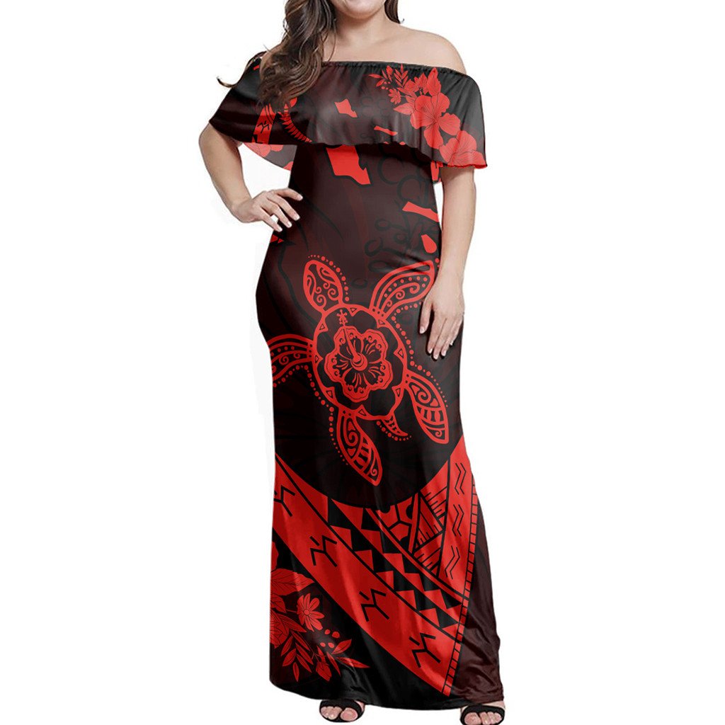 Polynesian Pride Dress - Hawaiian Map Turtle Plumeria Hibiscus Fish Hook Polynesian Red Off Shoulder Long Dress Long Dress Red - Polynesian Pride