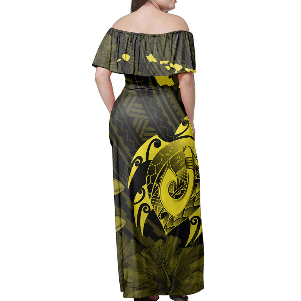 Polynesian Pride Dress - Hawaiian Map Turtle Plumeria Hibiscus Fish Hook Polynesian Yellow Off Shoulder Long Dress - Polynesian Pride