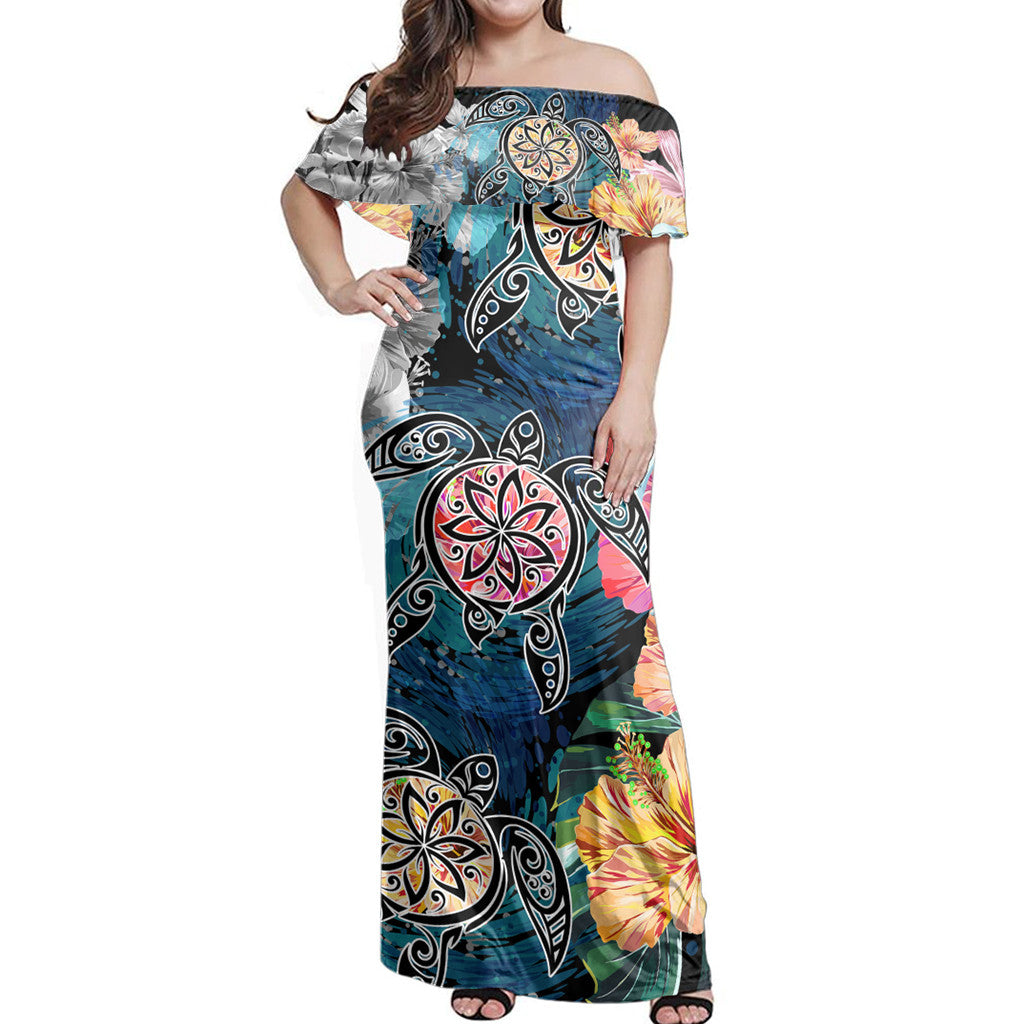 Polynesian Pride Dress - Hawaiian Turtle Swimming Wave Plumeria Hibiscus Polynesian Garden Style Off Shoulder Long Dress Long Dress Blue - Polynesian Pride