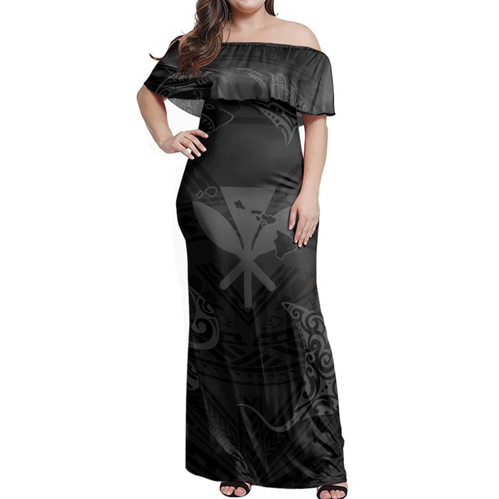 Polynesian Pride Dress - Polynesian Turtle Hammerhead Shark Ray Kanaka Hawaii Circle Grey Off Shoulder Long Dress Long Dress Grey - Polynesian Pride