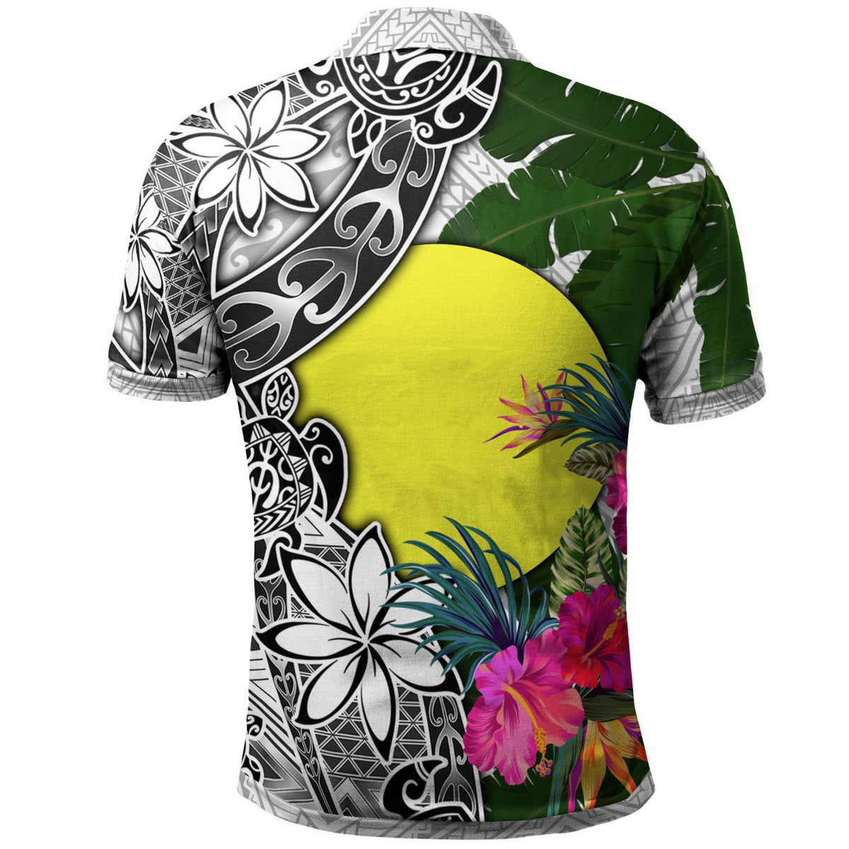 Polynesian Pride Apparel Palau Polo Shirt White Turtle Plumeria Banana Leaf - Polynesian Pride