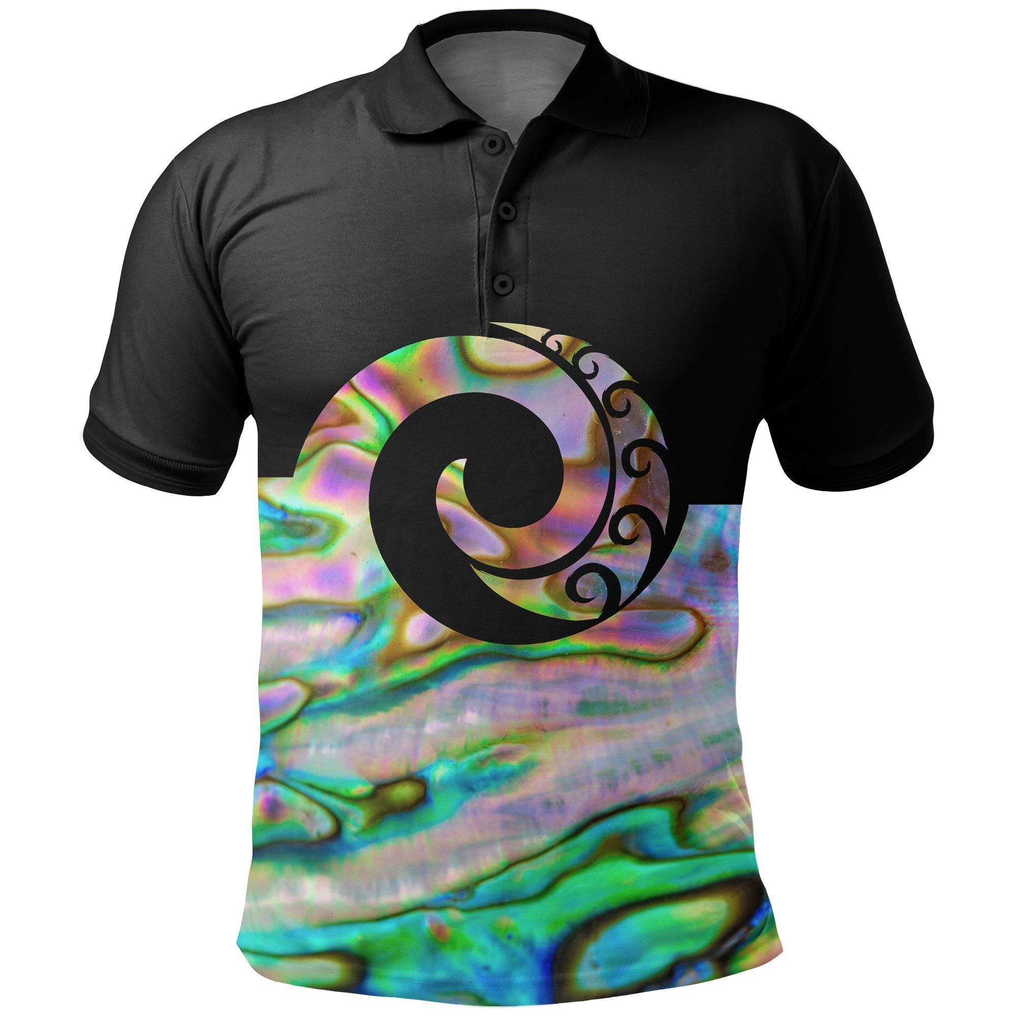 Polynesian Pride Apparel Koru New Zealand Polo Shirt, Paua Shell Golf Shirt 03 Unisex Black - Polynesian Pride