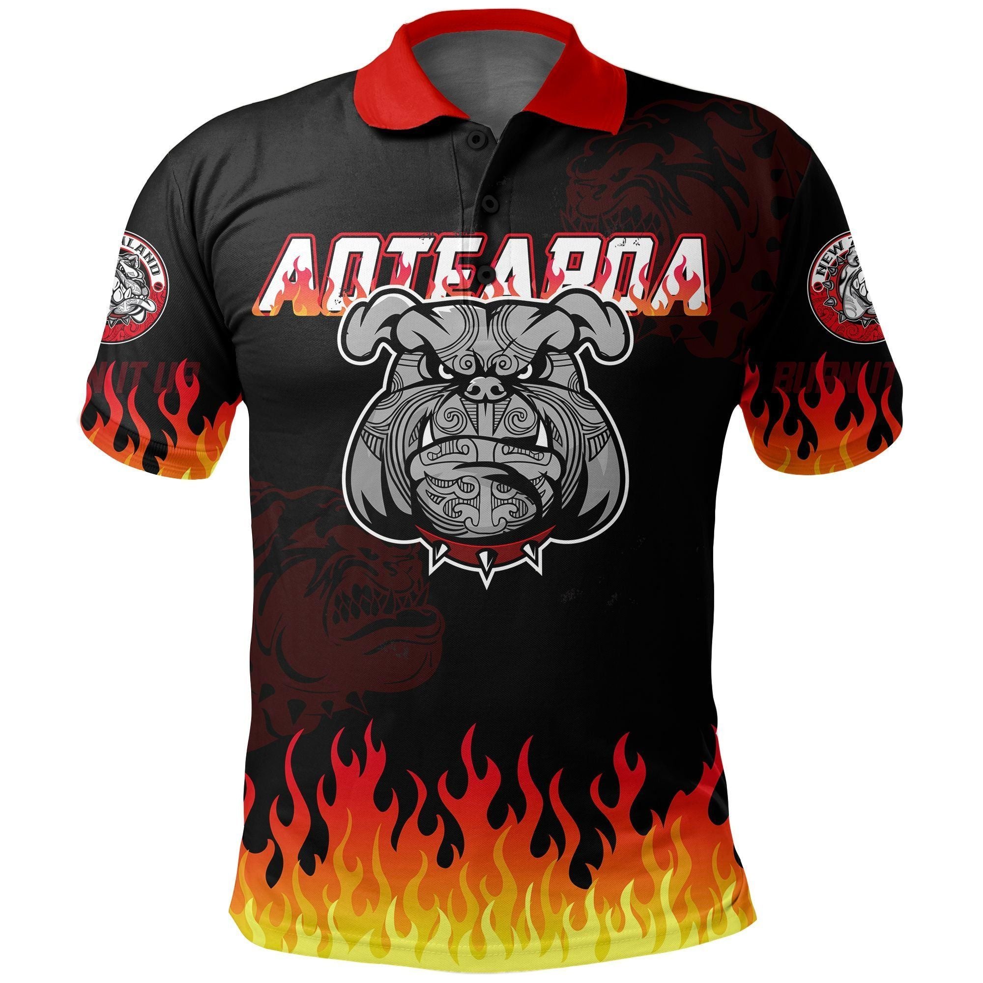 Polynesian Pride Apparel Bulldog Fire Polo Shirt, Maori Biker Golf Shirt Unisex Red - Polynesian Pride