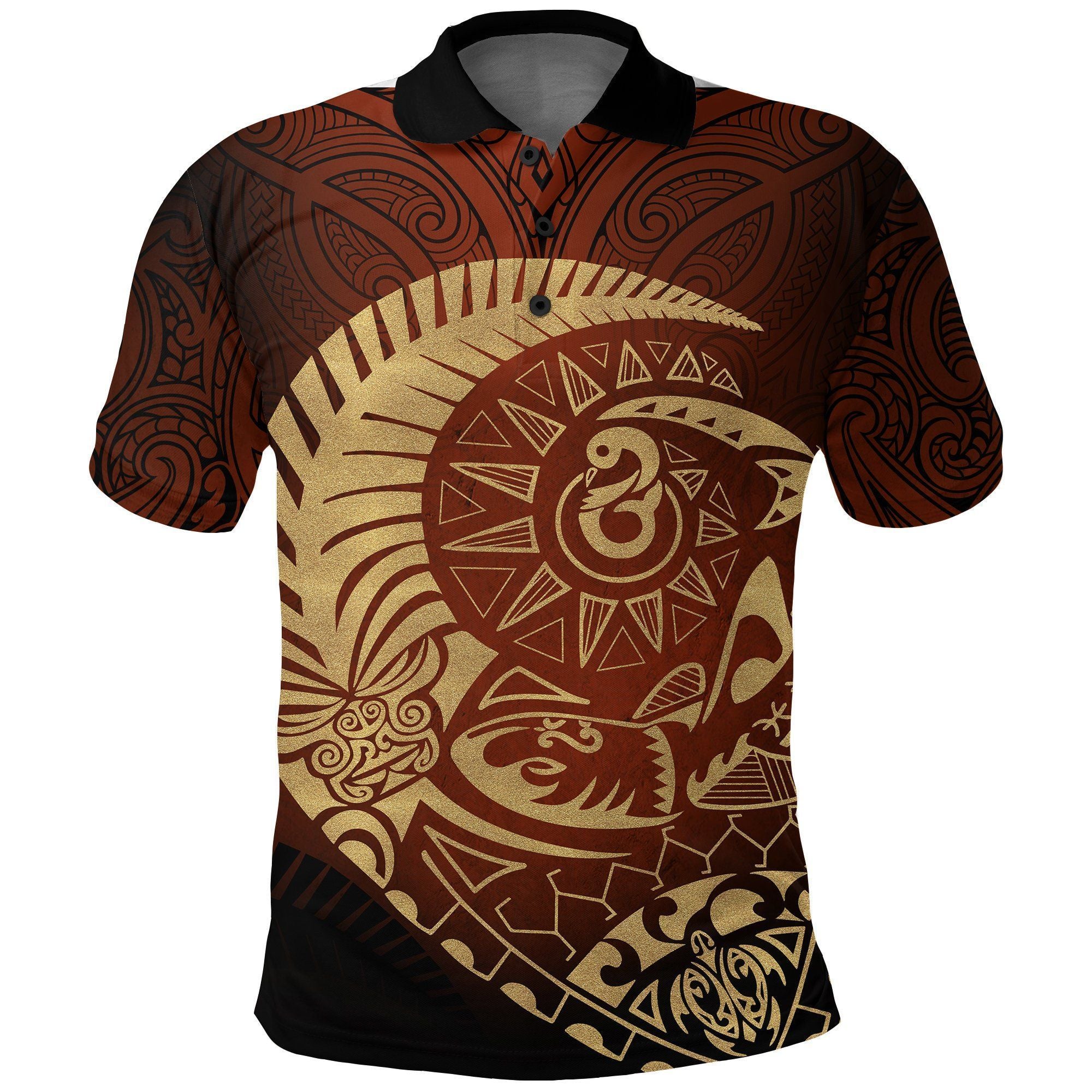 Polynesian Pride Apparel New Zealand Polo Shirt Maori Warrior Tattoo Tangaroa Unisex Gold - Polynesian Pride