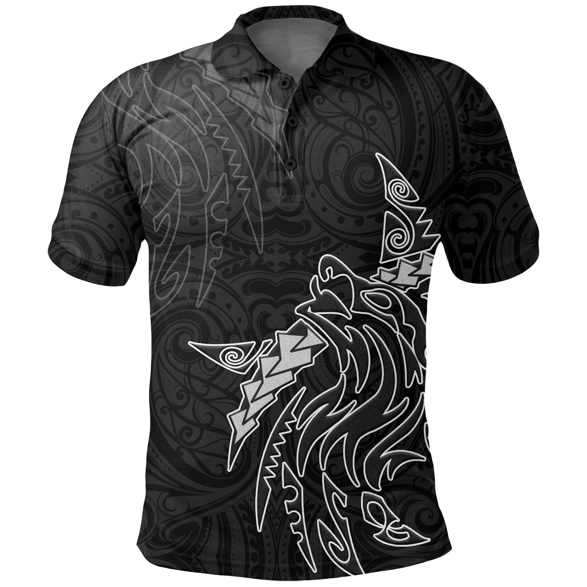 Polynesian Pride Apparel New Zealand Maori Polo Shirt, Maori Wolf Tattoo Golf Shirt Unisex Black - Polynesian Pride