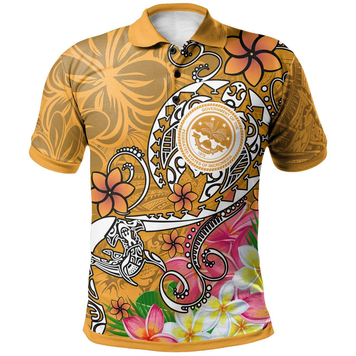 Polynesian Pride Apparel FSM Polo Shirt Turtle Plumeria (Gold) Unisex Gold - Polynesian Pride