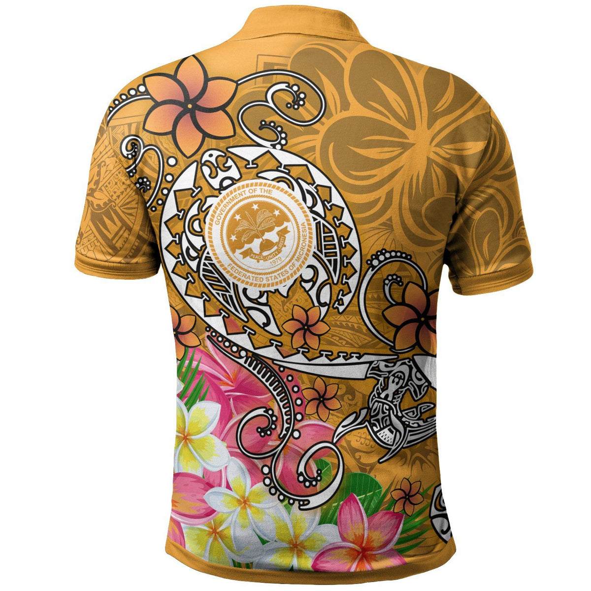 Polynesian Pride Apparel FSM Polo Shirt Turtle Plumeria (Gold) - Polynesian Pride
