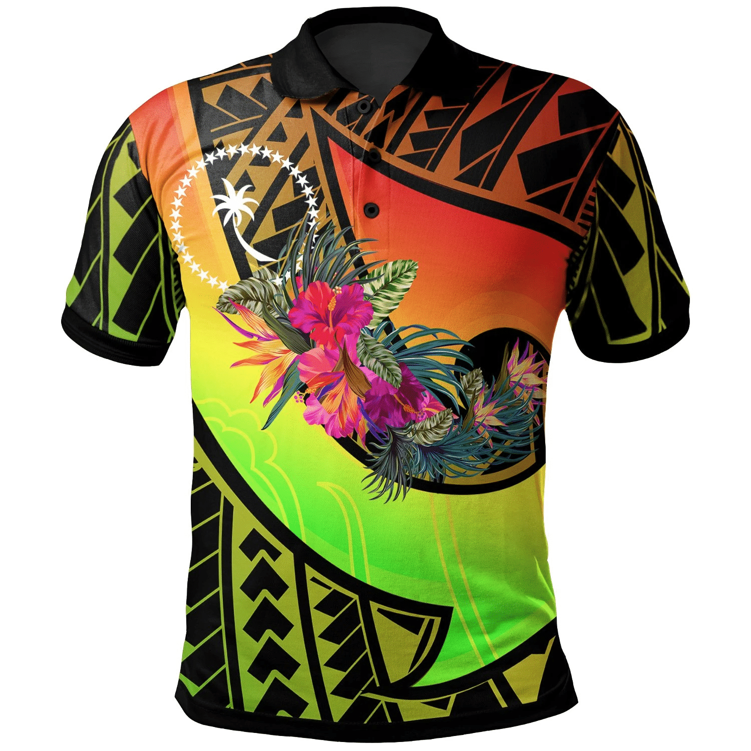 Polynesian Pride Apparel Chuuk Polo Shirt Polynesian Hook and Hibiscus (Reggae) Unisex Reggae - Polynesian Pride